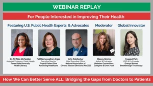 Webinar replay banner for "Solving Healthcare Challenges & MAP Your Health Campaign," featuring U.S. public health experts and Orange Biomed CEO Yeaseul Park discussing the latest in diabetes technology.
