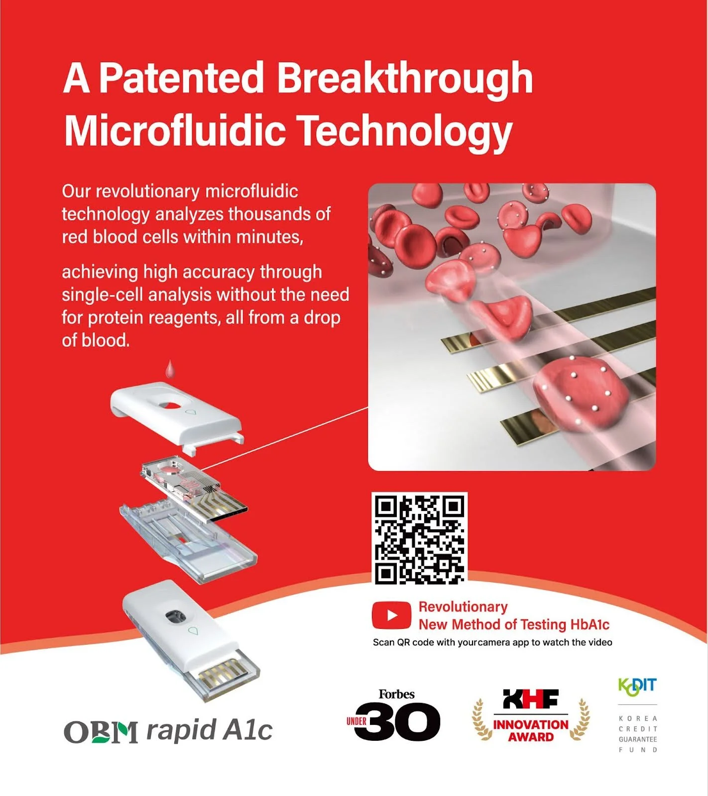 Orange Biomed OBM rapid A1C cartridge diagram illustrating microfluidic technology and internal fluid pathways