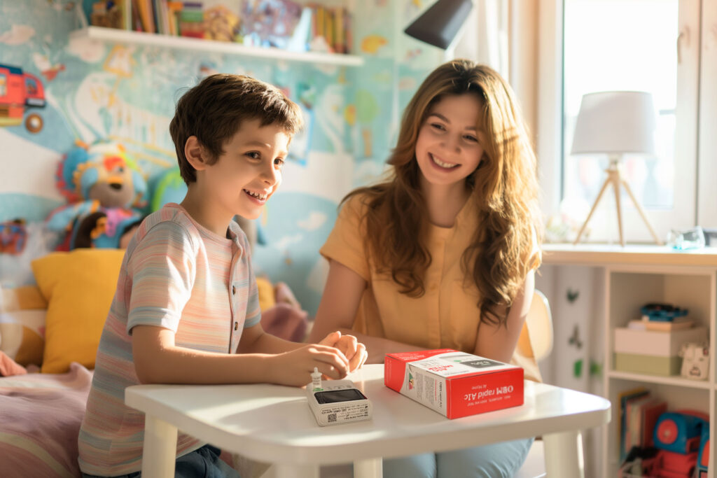 A parent performs an at-home A1C test using the Orange Biomed OBM rapid A1C to monitor their child’s diabetes.