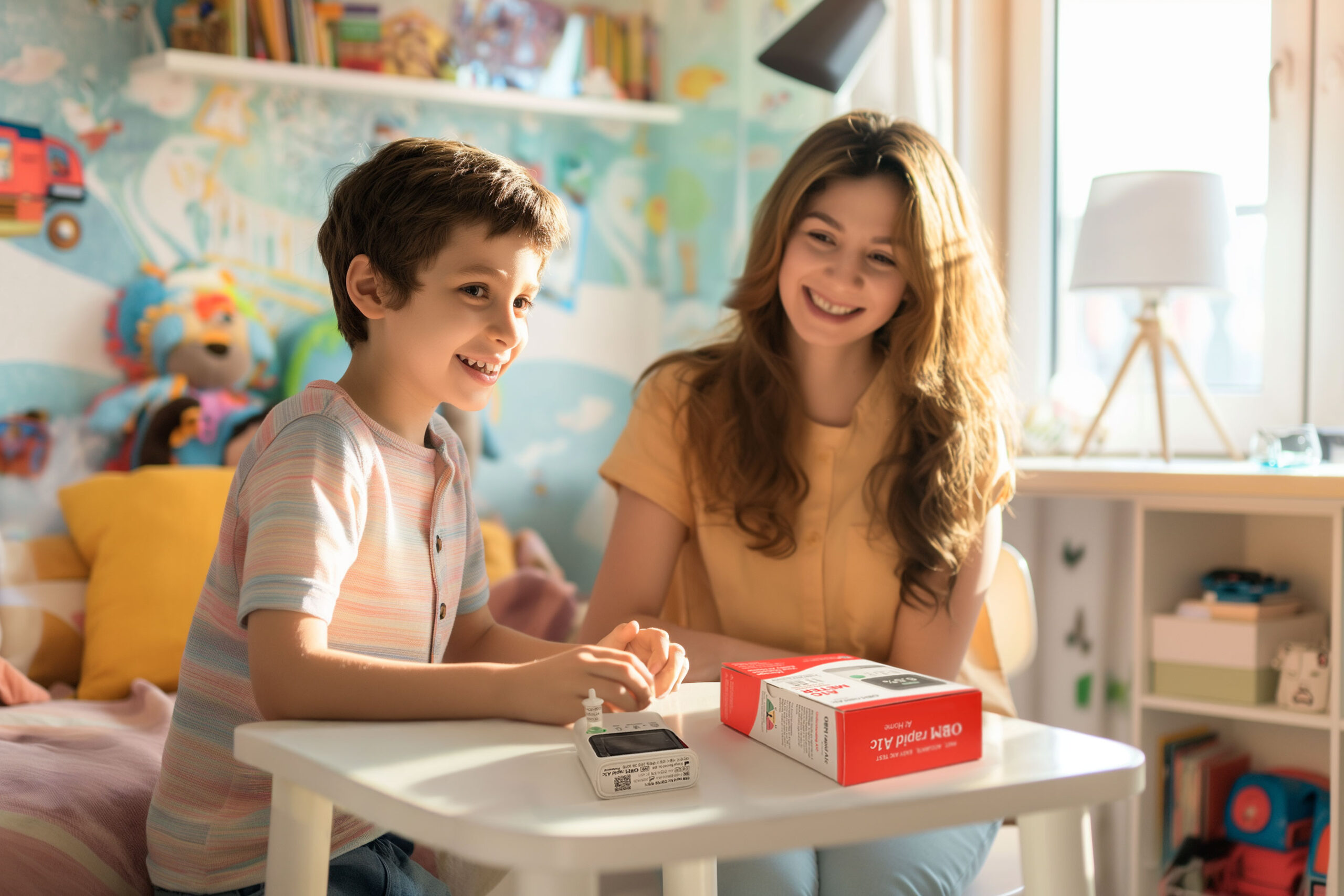 A parent performs an at-home A1C test using the Orange Biomed OBM rapid A1C to monitor their child’s diabetes.