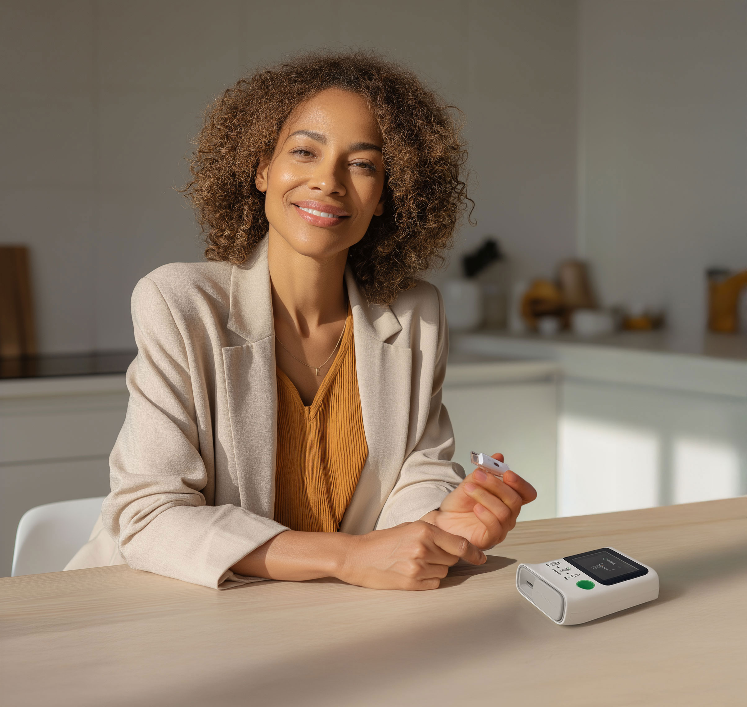 Adult woman holding an Orange Biomed OBM rapid A1C microfluidic tech test cartridge in her hand