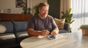 Adult man performing an at-home A1C test with OBM rapid A1C in his living room