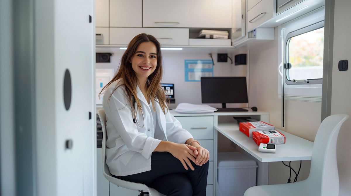 Female healthcare provider seated inside a mobile clinic using the Orange Biomed OBM rapid A1C point-of-care A1C test and POC A1C analyzer