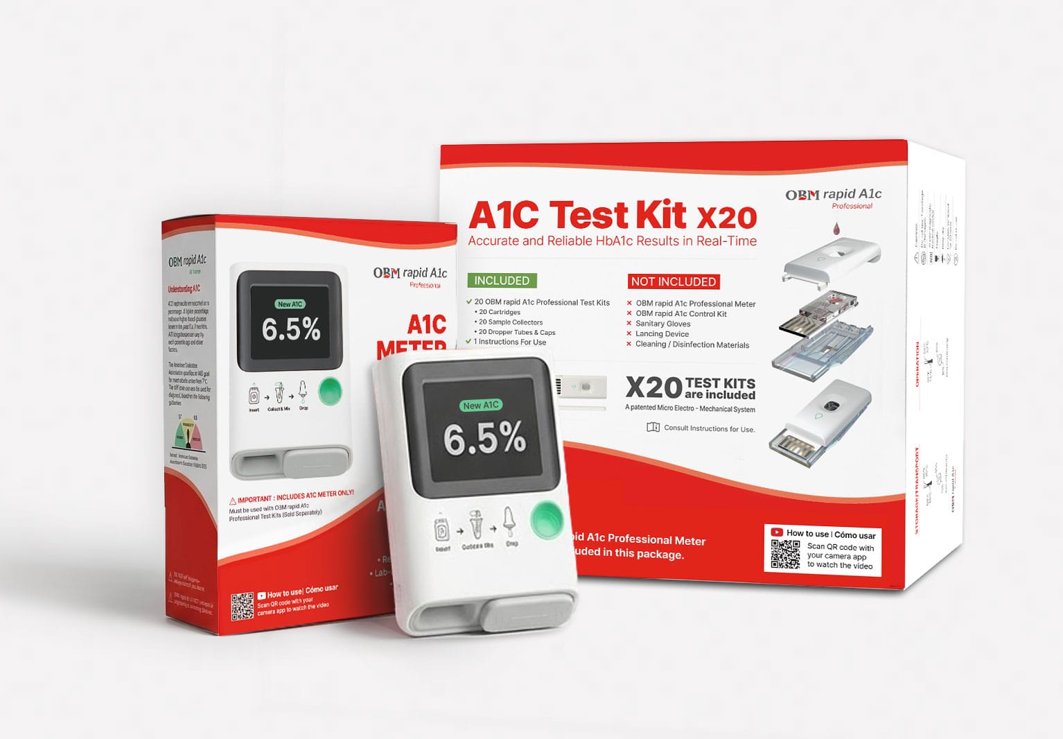 Close-up of OBM rapid A1c Professional Meter with A1C Test Kits for Doctor's Office, a portable A1c healthcare provider Point of Care Mobile Medical center for professional use.