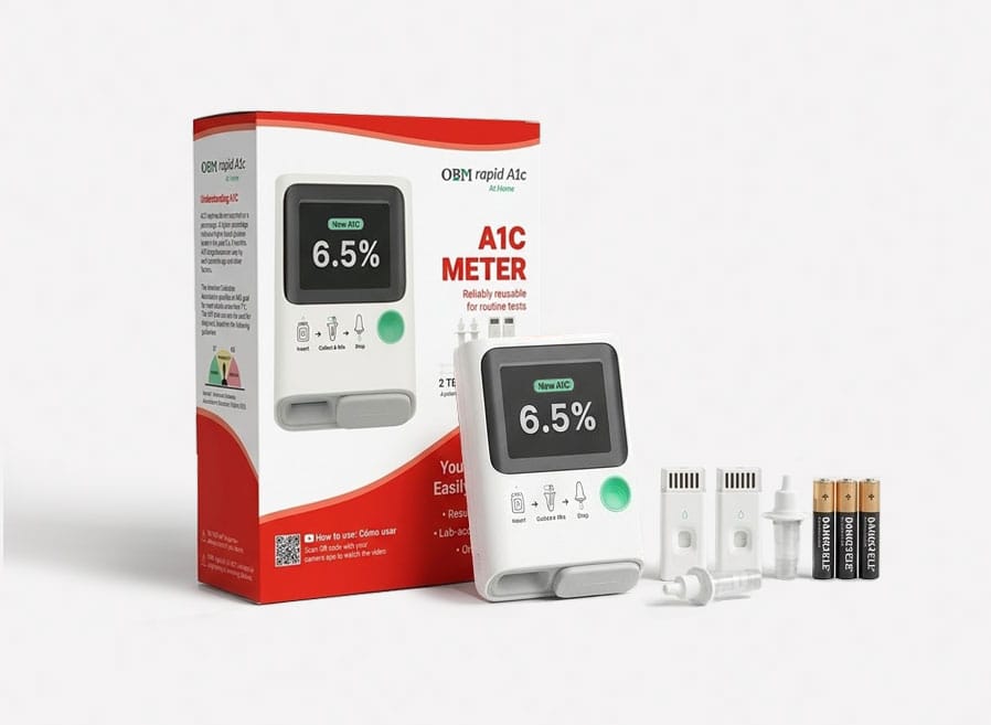 Close-up of the portable A1c at-home Kit the OBM rapid A1c At-Home package