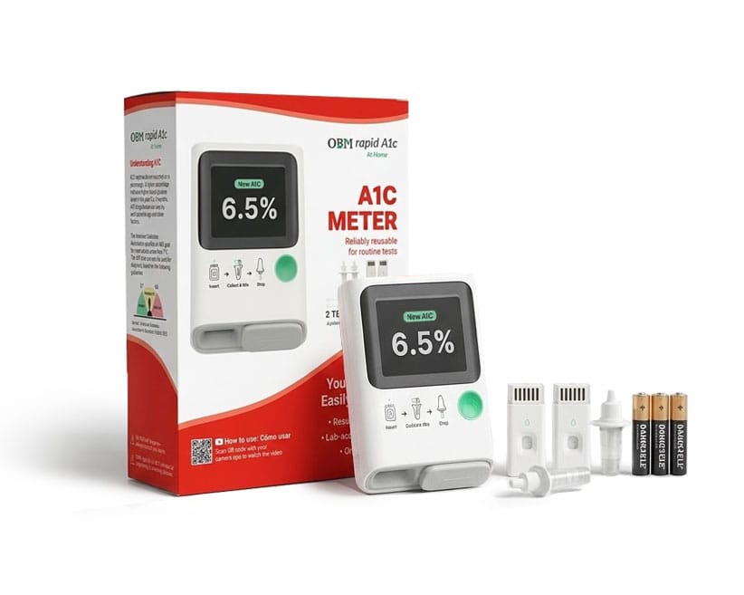 Close-up of the portable A1c at-home Kit the OBM rapid A1c At-Home package