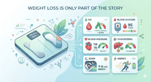 Illustration of obesity care including weight loss, A1C, blood sugar, and overall metabolic health