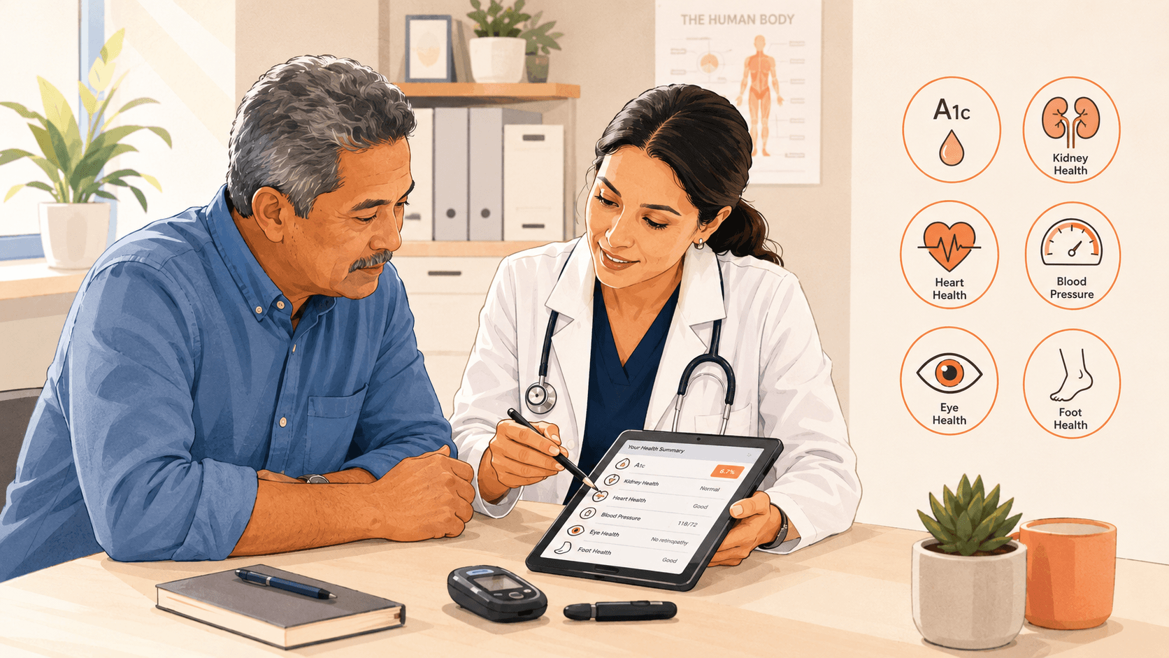 Healthcare provider reviewing a diabetes monitoring plan with a patient, including A1C, kidney health, blood pressure, heart health, eye health, and foot health.
