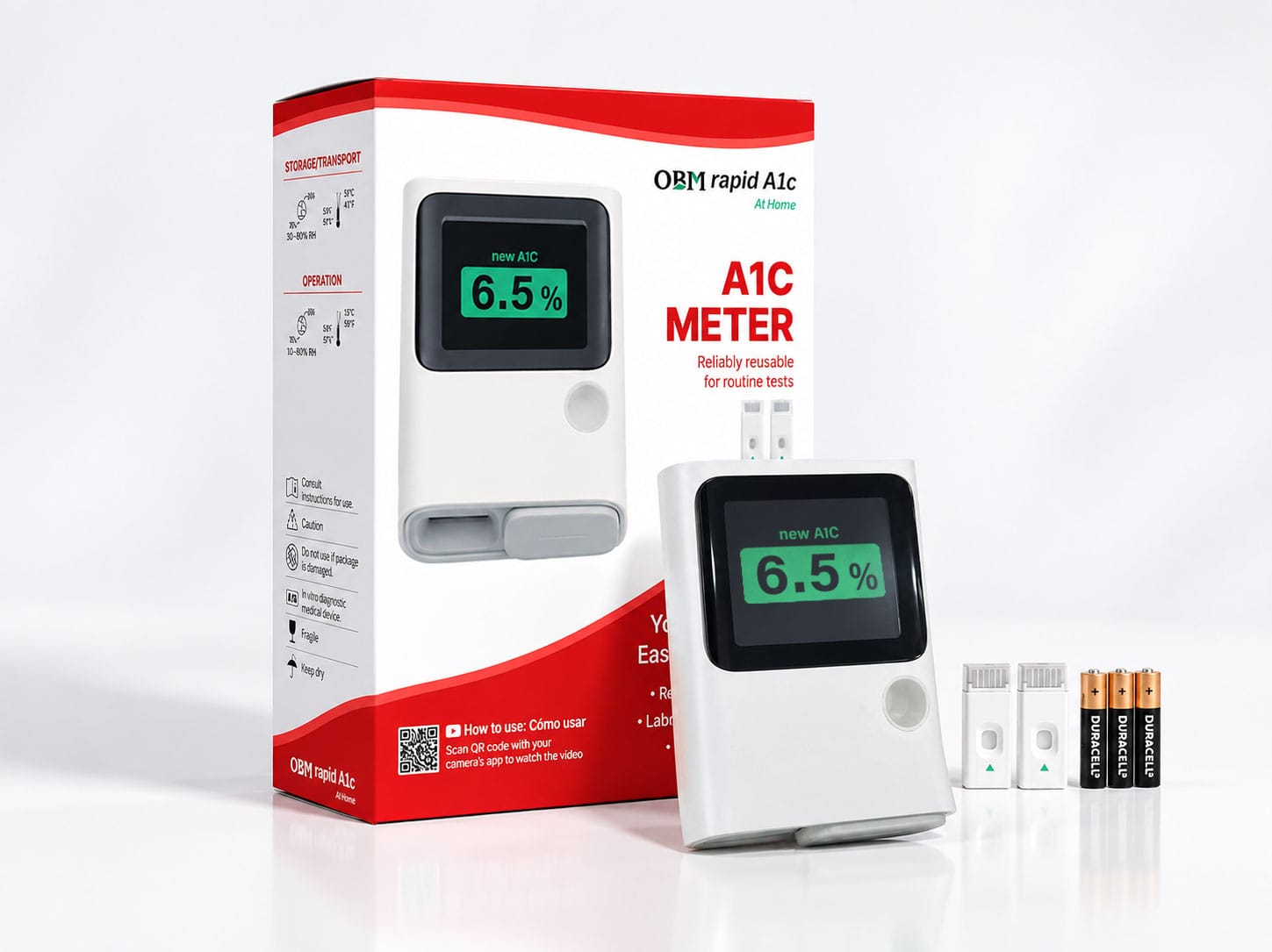 Close-up of the portable A1c at-home Kit the OBM rapid A1c At-Home package. OBM rapid A1c at-home A1C test kit box and reusable a1c meter.